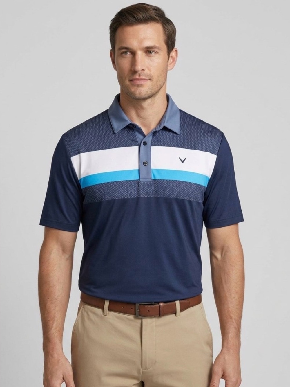 Men's Navy and Blue Striped Performance Polo